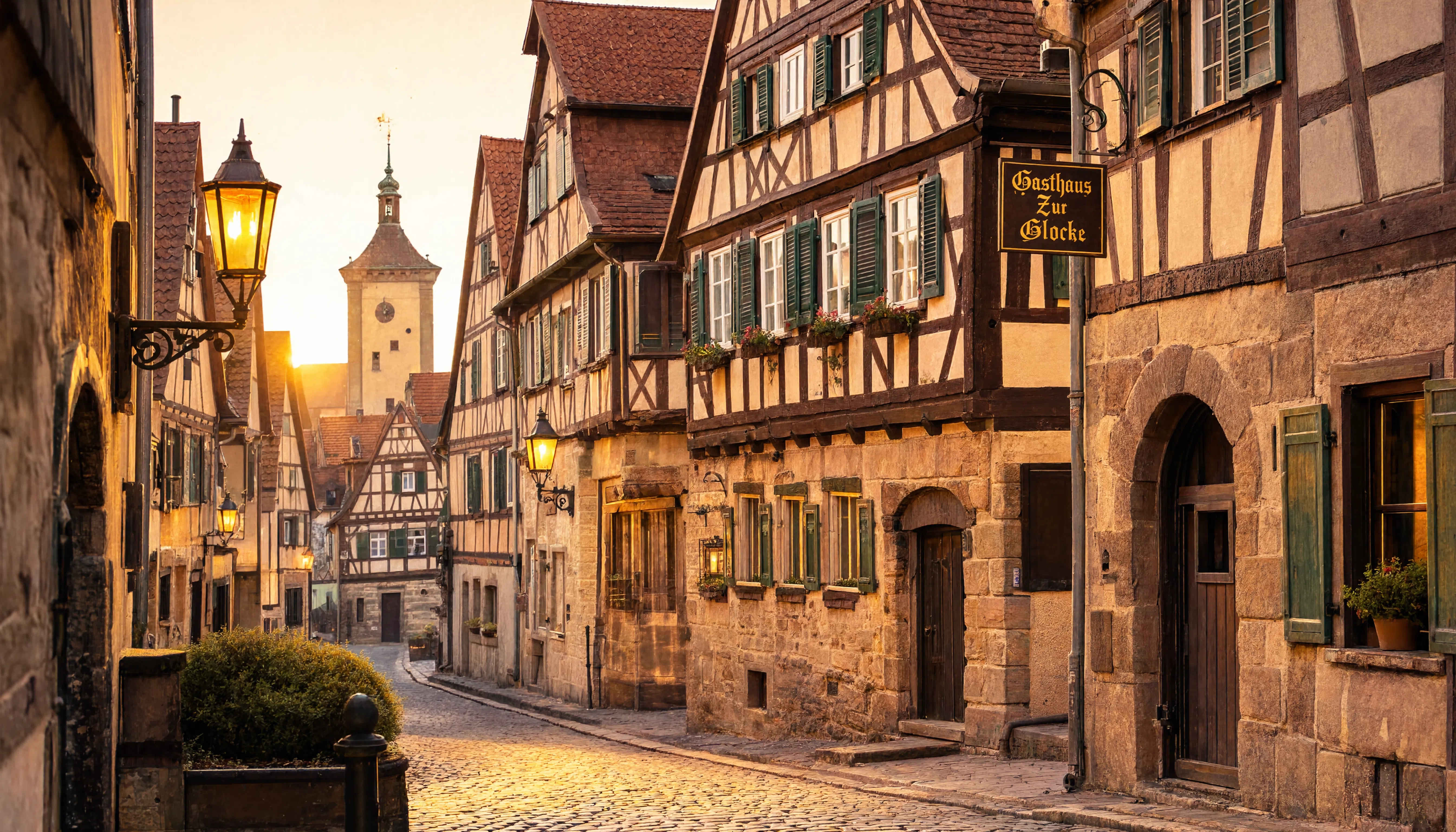 Historische deutsche Altstadt mit Fachwerkhäusern bei goldenem Morgenlicht